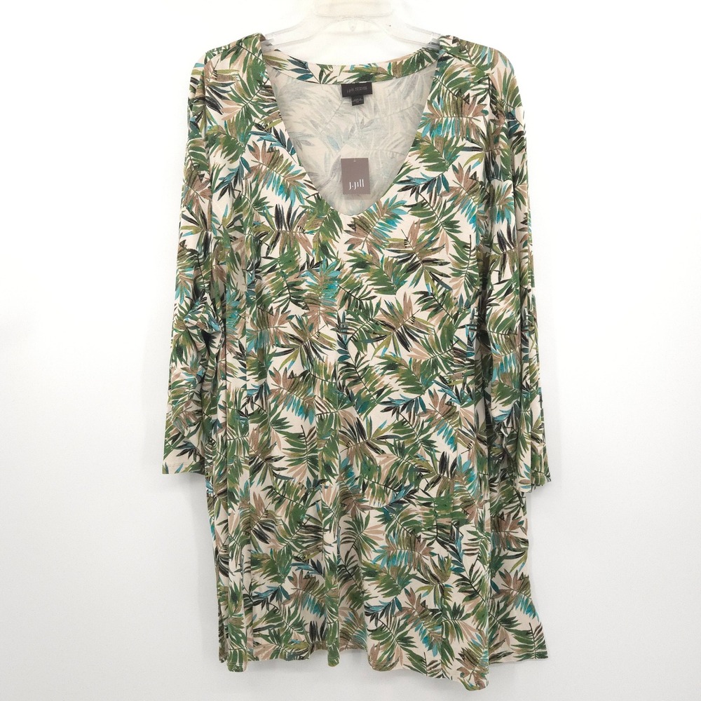J. Jill Wearever Top NWT Women 3X Green Tropical Palm Leaf V-Neck Tunic